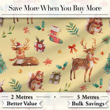 Cute Christmas Deer Squirrel Leaves Gift Pattern Yellow Background Seamless Digital Print Fabric by the Metre UK Sewing Quilting Textile