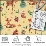 Cute Christmas Deer Squirrel Leaves Gift Pattern Yellow Background Seamless Digital Print Fabric by the Metre UK Sewing Quilting Textile