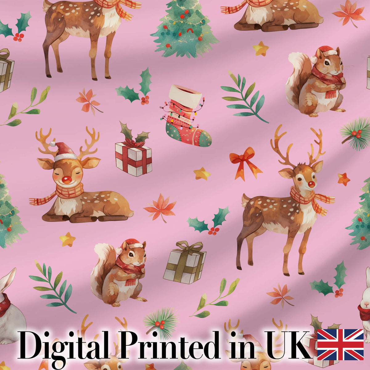Cute Christmas Deer Squirrel Leaves Gift Pattern Light Pink Background Seamless Digital Print Fabric by the Metre UK Sewing Quilting Textile