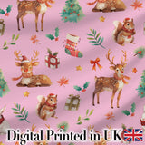 Cute Christmas Deer Squirrel Leaves Gift Pattern Light Pink Background Seamless Digital Print Fabric by the Metre UK Sewing Quilting Textile