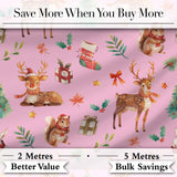 Cute Christmas Deer Squirrel Leaves Gift Pattern Light Pink Background Seamless Digital Print Fabric by the Metre UK Sewing Quilting Textile