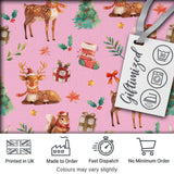 Cute Christmas Deer Squirrel Leaves Gift Pattern Light Pink Background Seamless Digital Print Fabric by the Metre UK Sewing Quilting Textile