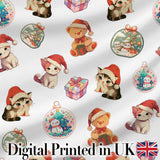 Cute Christmas Cat Teddy Bear Bauble Gift Seamless Pattern White Background Digital Print Fabric by the Metre UK Sewing Quilting Textile