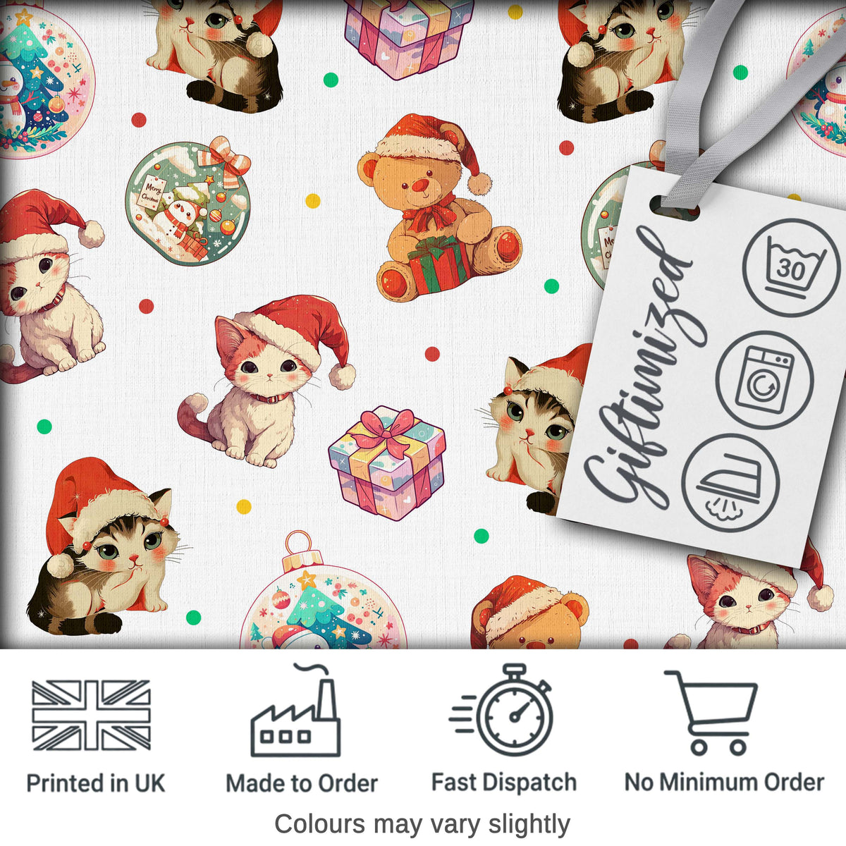 Cute Christmas Cat Teddy Bear Bauble Gift Seamless Pattern Dot Background Digital Print Fabric by the Metre UK Sewing Quilting Textile