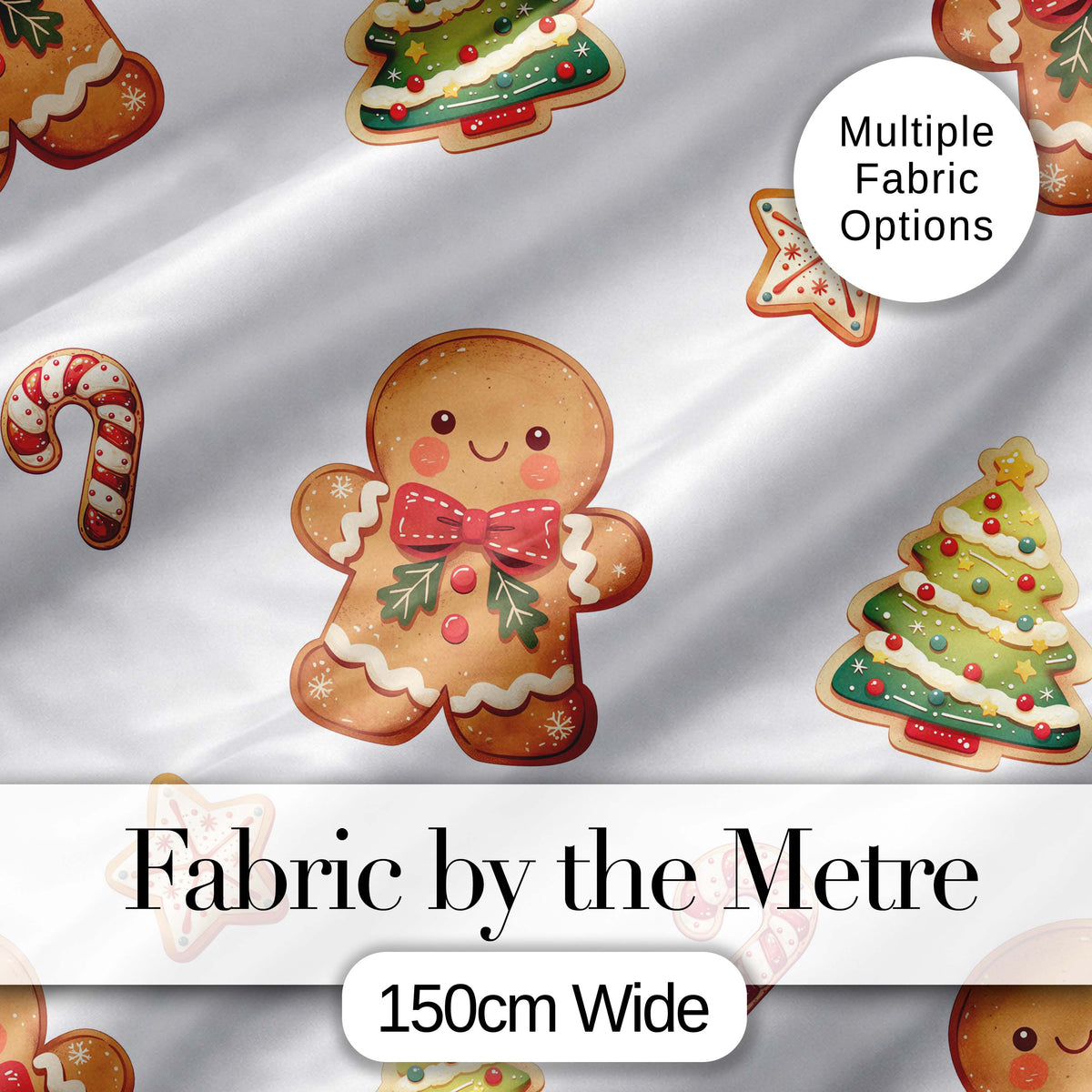 Cute Gingerbread Man Candy Cane Cookie Seamless Pattern Stripe Background Digital Print Fabric by the Metre UK Sewing Quilting Textile