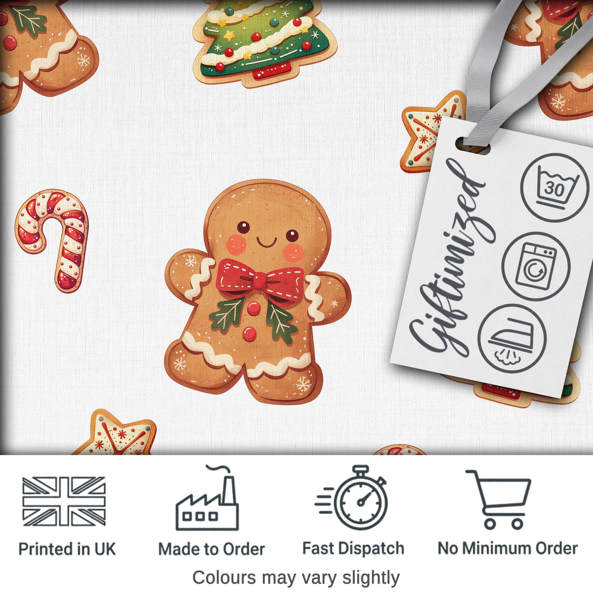 Cute Gingerbread Man Candy Cane Cookie Seamless Pattern Stripe Background Digital Print Fabric by the Metre UK Sewing Quilting Textile