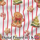 Cute Gingerbread Man Candy Cane Cookie Seamless Pattern Festive Background Digital Print Fabric by the Metre UK Sewing Quilting Textile