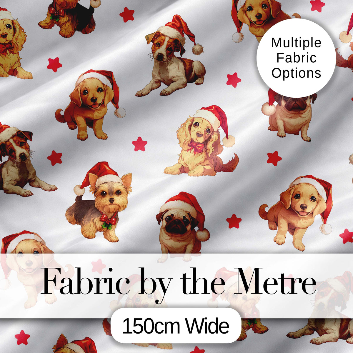Cute Christmas Puppies in Santa Hats Seamless Pattern Star Background Digital Print Fabric by the Metre UK Sewing Quilting Textile