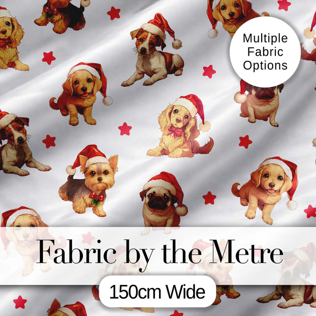 Cute Christmas Puppies in Santa Hats Seamless Pattern Star Background Digital Print Fabric by the Metre UK Sewing Quilting Textile
