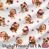 Cute Christmas Puppies in Santa Hats Seamless Pattern Star Background Digital Print Fabric by the Metre UK Sewing Quilting Textile