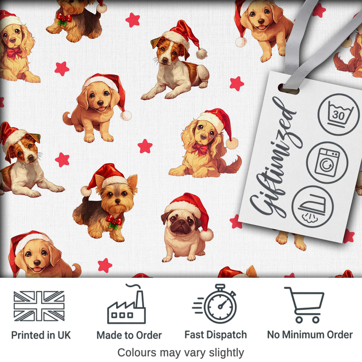 Cute Christmas Puppies in Santa Hats Seamless Pattern Star Background Digital Print Fabric by the Metre UK Sewing Quilting Textile