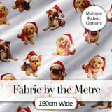 Cute Christmas Puppies in Santa Hats Seamless Pattern Soft Grey Background Digital Print Fabric by the Metre UK Sewing Quilting Textile