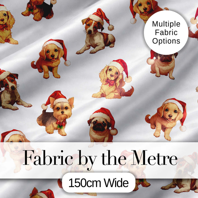 Cute Christmas Puppies in Santa Hats Seamless Pattern Soft Grey Background Digital Print Fabric by the Metre UK Sewing Quilting Textile