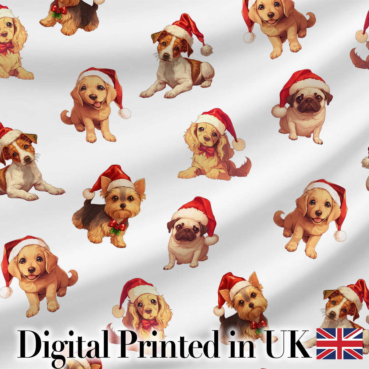 Cute Christmas Puppies in Santa Hats Seamless Pattern Soft Grey Background Digital Print Fabric by the Metre UK Sewing Quilting Textile