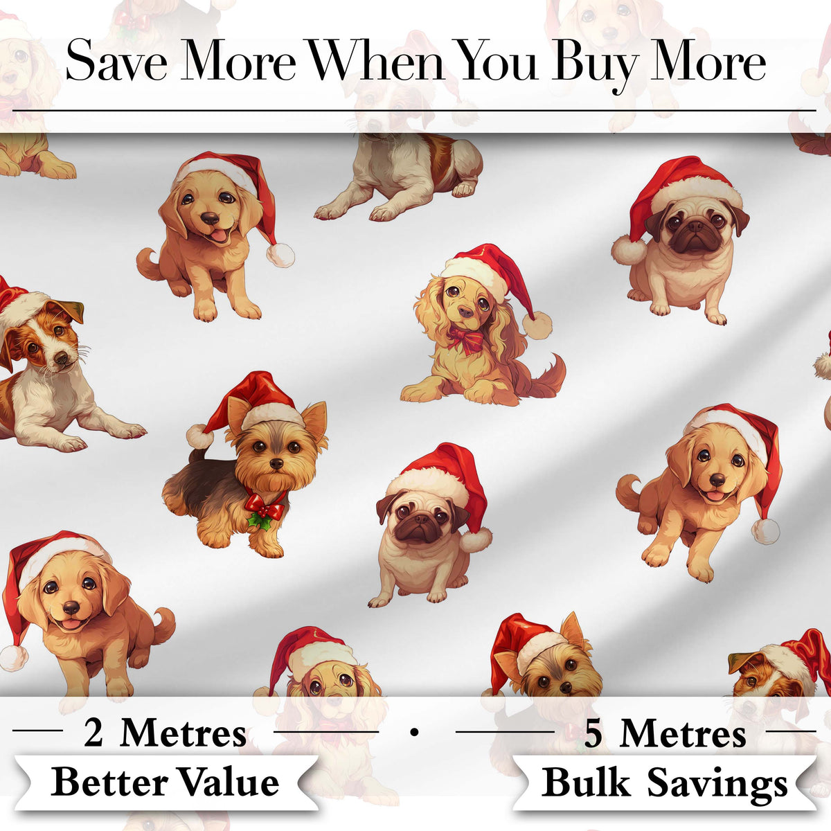 Cute Christmas Puppies in Santa Hats Seamless Pattern Soft Grey Background Digital Print Fabric by the Metre UK Sewing Quilting Textile