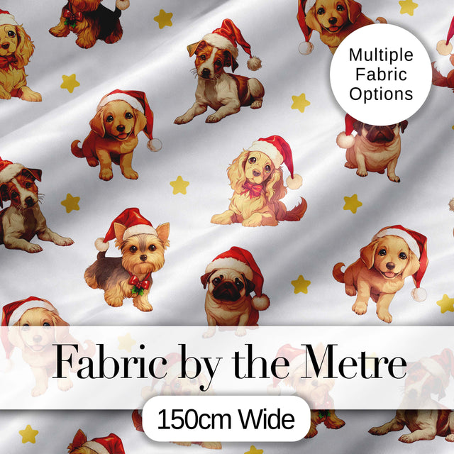 Cute Christmas Puppies in Santa Hats Seamless Pattern Yellow Star Background Digital Print Fabric by the Metre UK Sewing Quilting Textile