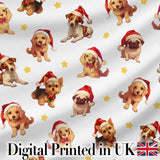Cute Christmas Puppies in Santa Hats Seamless Pattern Yellow Star Background Digital Print Fabric by the Metre UK Sewing Quilting Textile