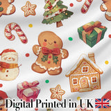 Cute Gingerbread Cookies Candy Sweets House Seamless Pattern Dot Background Digital Print Fabric by the Metre UK Sewing Quilting Textile