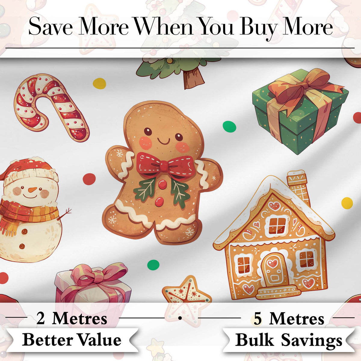 Cute Gingerbread Cookies Candy Sweets House Seamless Pattern Dot Background Digital Print Fabric by the Metre UK Sewing Quilting Textile