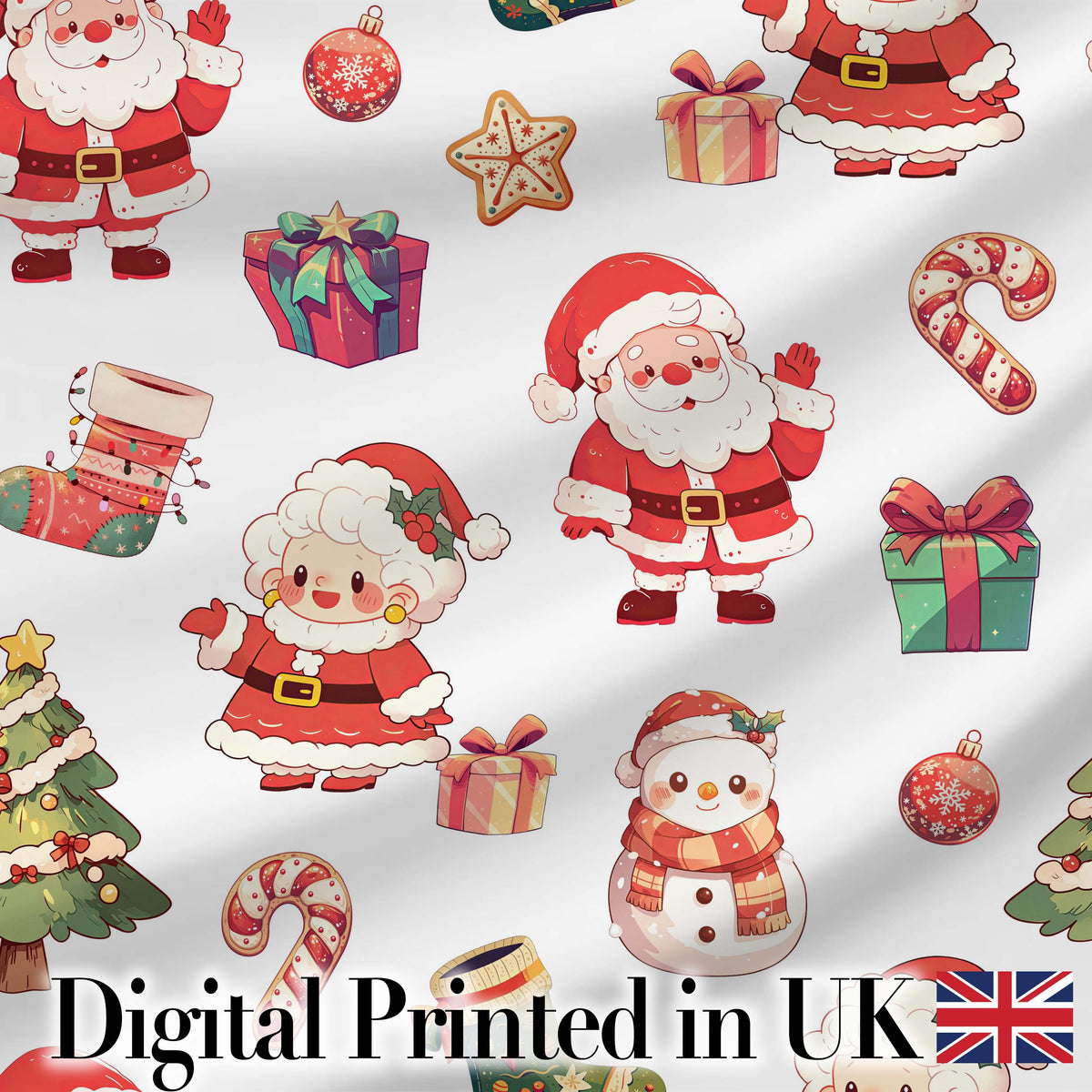 Cute Santa Claus Mrs Claus Snowman Festive Seamless Pattern Digital Print Fabric by the Metre UK Sewing Quilting Textile