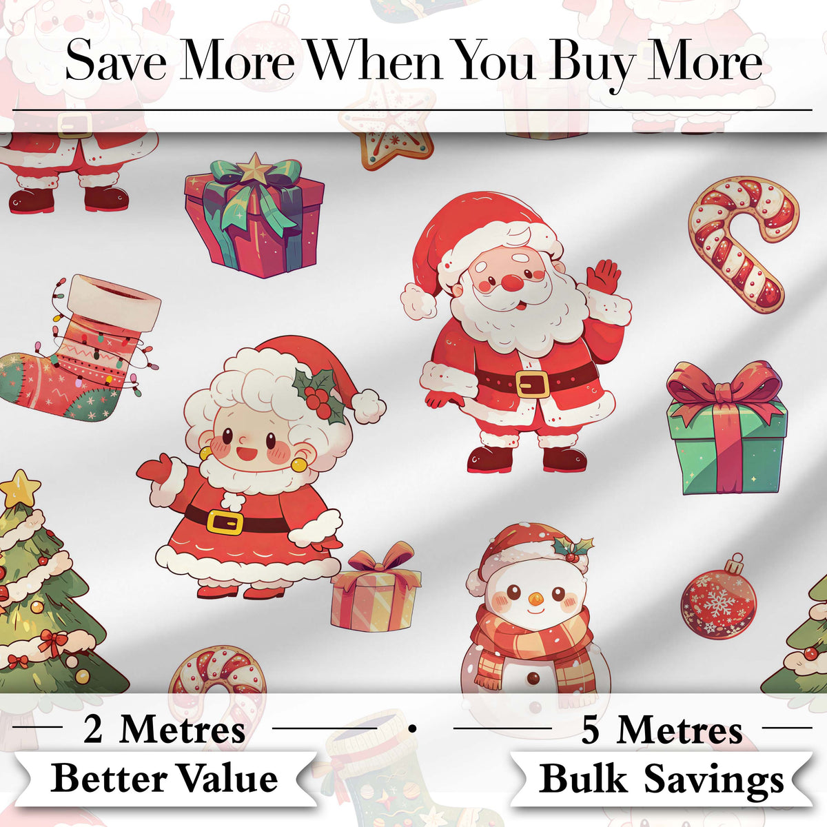 Cute Santa Claus Mrs Claus Snowman Festive Seamless Pattern Digital Print Fabric by the Metre UK Sewing Quilting Textile