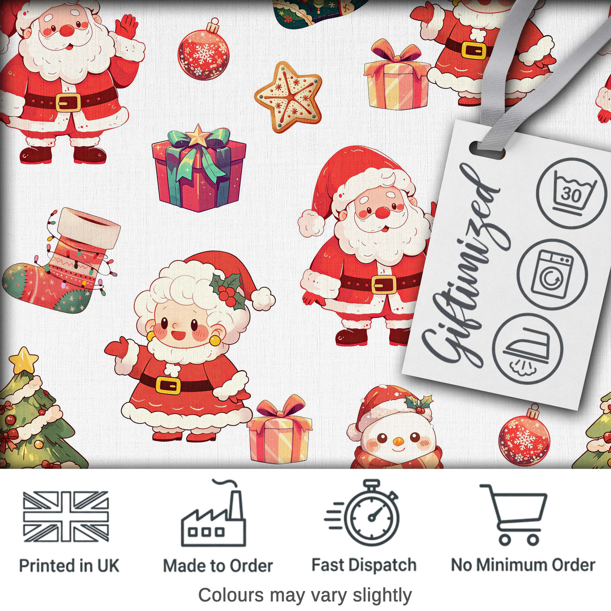 Cute Santa Claus Mrs Claus Snowman Festive Seamless Pattern Digital Print Fabric by the Metre UK Sewing Quilting Textile