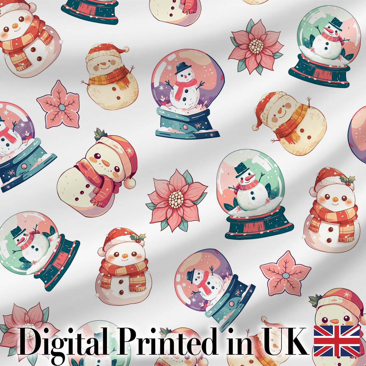 Cute Snowman Snow Globe Poinsettia Christmas Seamless Pattern Digital Print Fabric by the Metre UK Sewing Quilting Textile