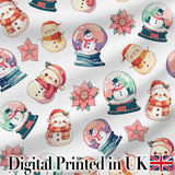 Cute Snowman Snow Globe Poinsettia Christmas Seamless Pattern Digital Print Fabric by the Metre UK Sewing Quilting Textile