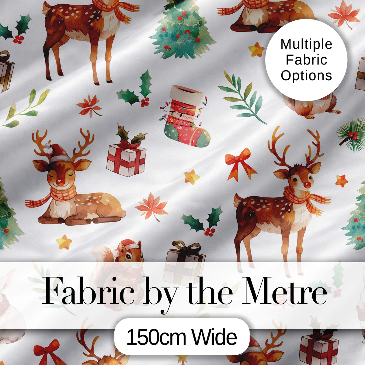 Cute Watercolor Reindeer Squirrel Holly Leaves Christmas Seamless Pattern Digital Print Fabric by the Metre UK Sewing Quilting Textile