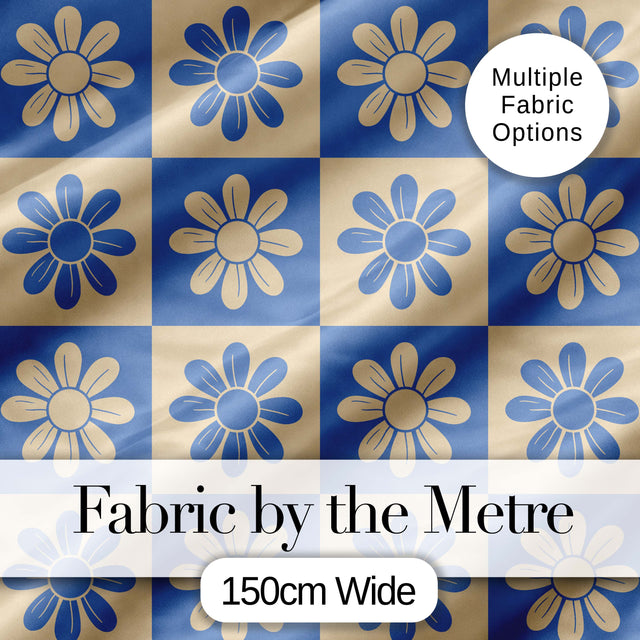 Cute Blue Beige Daisy Checkerboard  Floral Seamless Pattern Digital Print Fabric by the Metre UK Sewing Quilting Textile