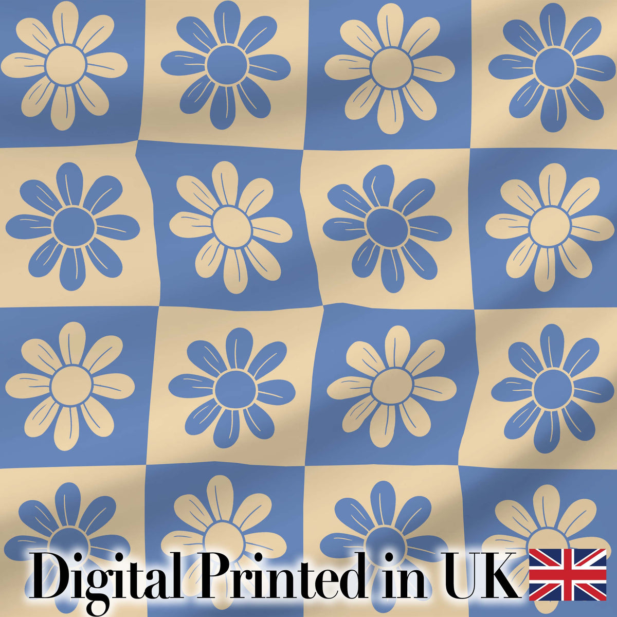 Cute Blue Beige Daisy Checkerboard  Floral Seamless Pattern Digital Print Fabric by the Metre UK Sewing Quilting Textile