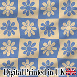 Cute Blue Beige Daisy Checkerboard  Floral Seamless Pattern Digital Print Fabric by the Metre UK Sewing Quilting Textile