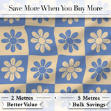 Cute Blue Beige Daisy Checkerboard  Floral Seamless Pattern Digital Print Fabric by the Metre UK Sewing Quilting Textile