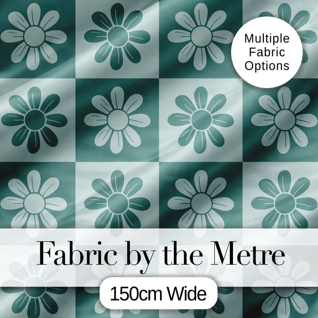 Cute Green Daisy Checkerboard  Floral Seamless Pattern Digital Print Fabric by the Metre UK Sewing Quilting Textile