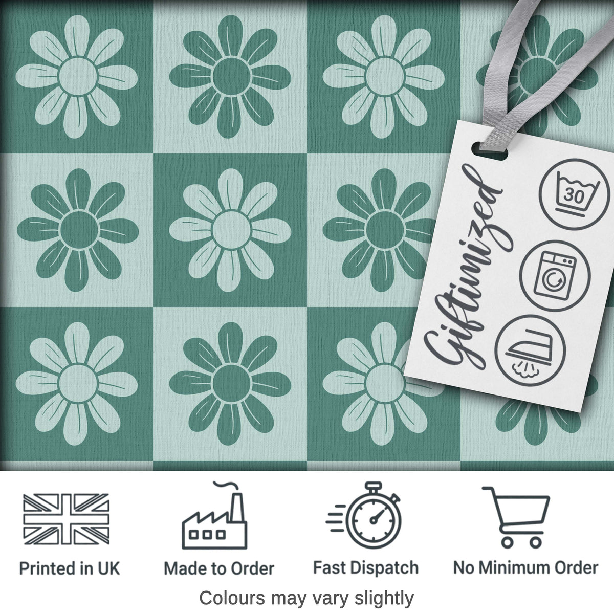 Cute Green Daisy Checkerboard  Floral Seamless Pattern Digital Print Fabric by the Metre UK Sewing Quilting Textile