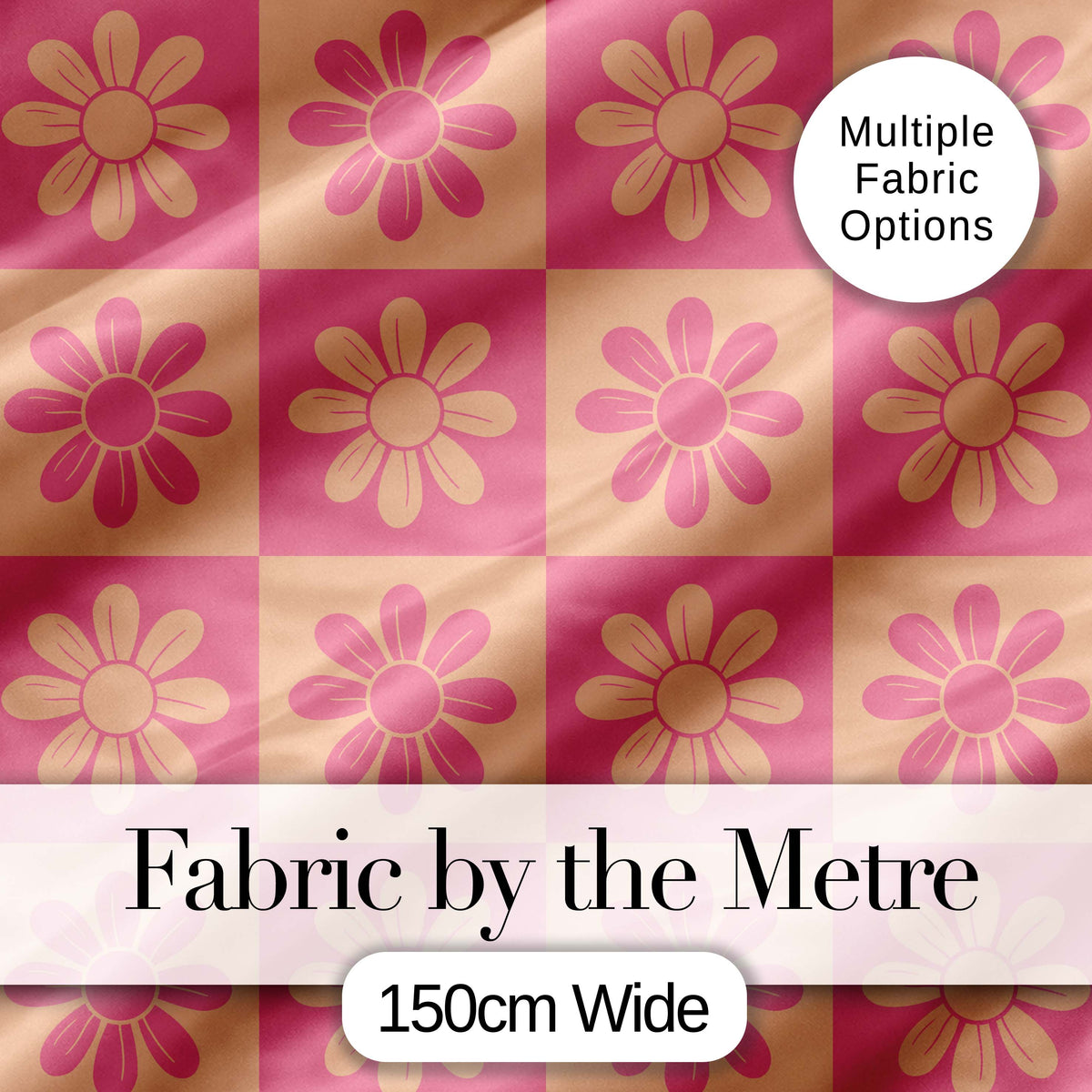 Cute Pink Peach Daisy Checkerboard  Floral Seamless Pattern Digital Print Fabric by the Metre UK Sewing Quilting Textile