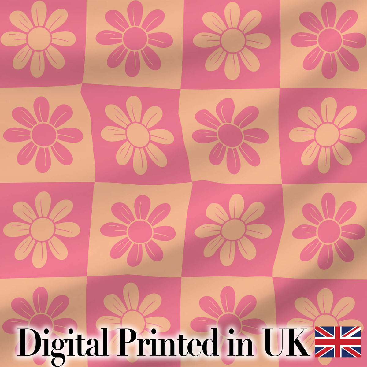 Cute Pink Peach Daisy Checkerboard  Floral Seamless Pattern Digital Print Fabric by the Metre UK Sewing Quilting Textile