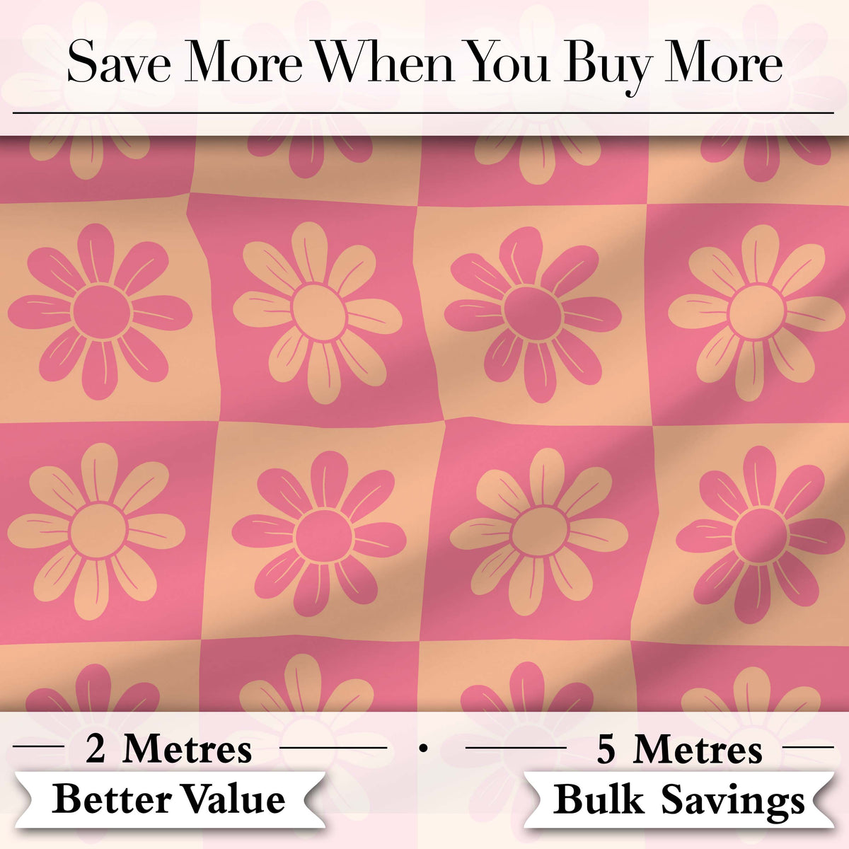 Cute Pink Peach Daisy Checkerboard  Floral Seamless Pattern Digital Print Fabric by the Metre UK Sewing Quilting Textile