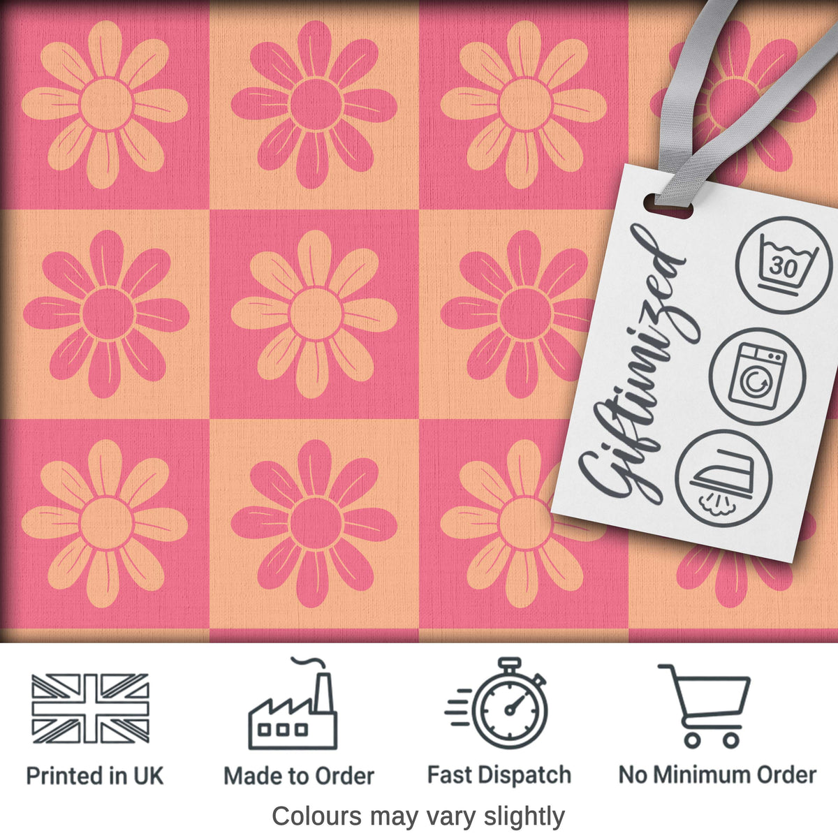 Cute Pink Peach Daisy Checkerboard  Floral Seamless Pattern Digital Print Fabric by the Metre UK Sewing Quilting Textile