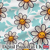 Cute Kawaii Daisy Flowers Soft Blue Leaves Seamless Pattern Digital Print Fabric by the Metre UK Sewing Quilting Textile