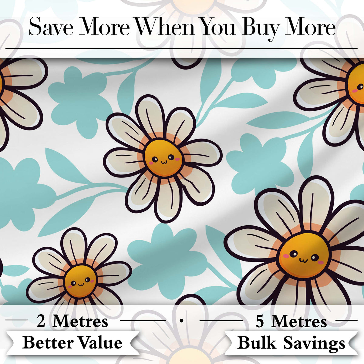Cute Kawaii Daisy Flowers Soft Blue Leaves Seamless Pattern Digital Print Fabric by the Metre UK Sewing Quilting Textile