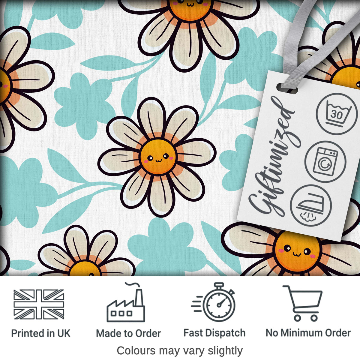 Cute Kawaii Daisy Flowers Soft Blue Leaves Seamless Pattern Digital Print Fabric by the Metre UK Sewing Quilting Textile