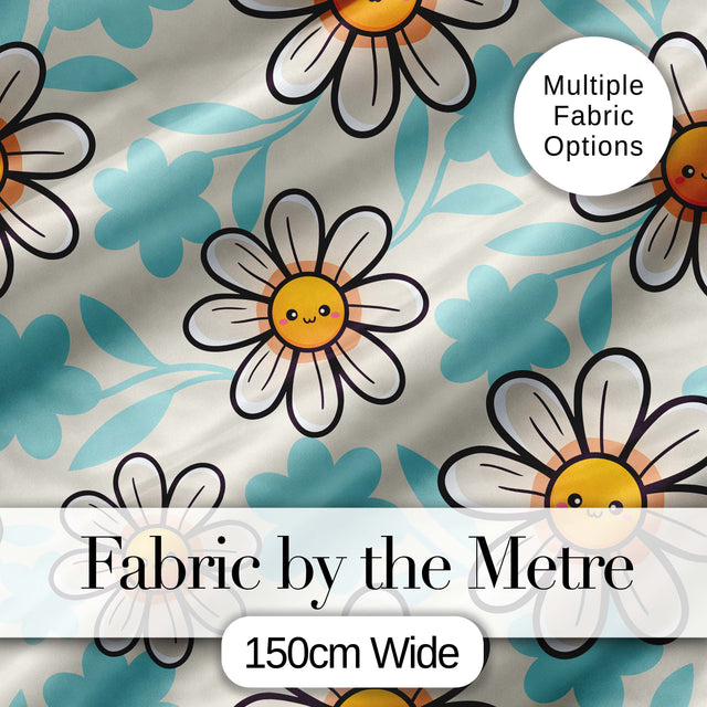 Cute Kawaii Daisy Flowers Neutral Beige Seamless Pattern Digital Print Fabric by the Metre UK Sewing Quilting Textile