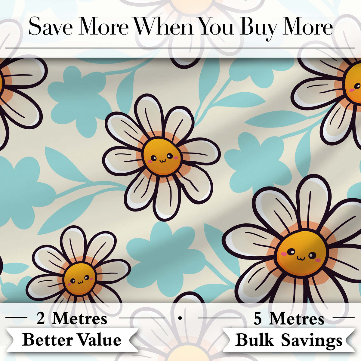 Cute Kawaii Daisy Flowers Neutral Beige Seamless Pattern Digital Print Fabric by the Metre UK Sewing Quilting Textile