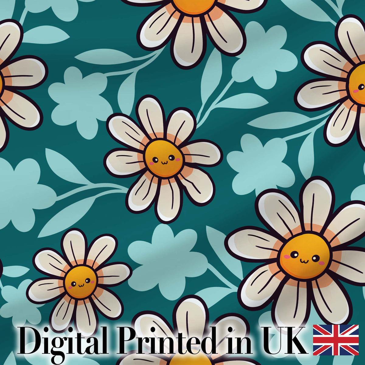 Cute Kawaii Daisy Flowers Dark Teal Seamless Pattern Digital Print Fabric by the Metre UK Sewing Quilting Textile