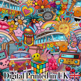 Hippie Van Rainbow Smiley Music Collage Blue Background Seamless Pattern Digital Print Fabric by the Metre UK Sewing Quilting Textile