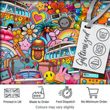 Hippie Van Rainbow Smiley Music Collage Blue Background Seamless Pattern Digital Print Fabric by the Metre UK Sewing Quilting Textile