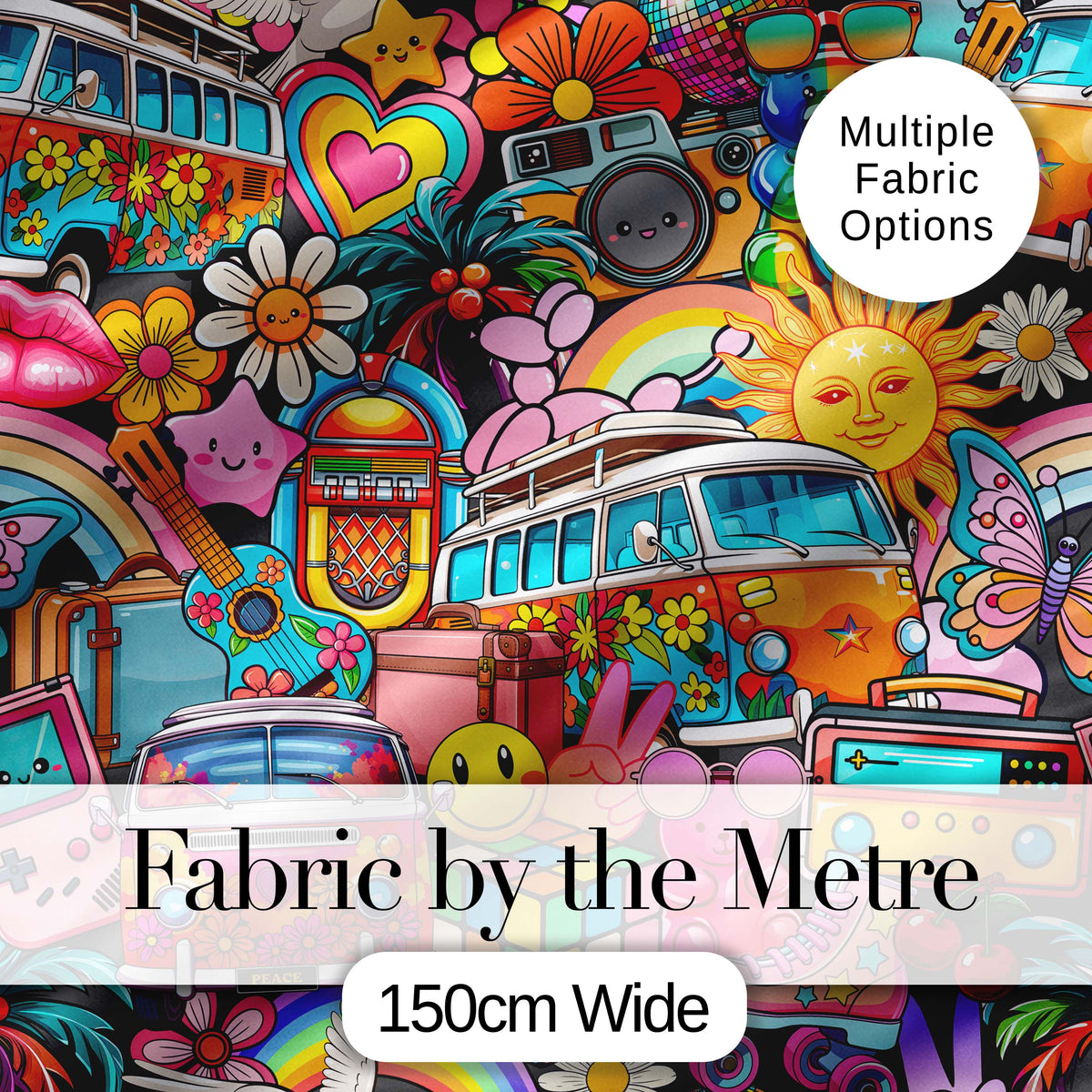 Hippie Rainbow Smileys Music Collage Black Background Seamless Pattern Digital Print Fabric by the Metre UK Sewing Quilting Textile