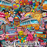 Hippie Rainbow Smileys Music Collage Black Background Seamless Pattern Digital Print Fabric by the Metre UK Sewing Quilting Textile