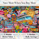Hippie Rainbow Smileys Music Collage Black Background Seamless Pattern Digital Print Fabric by the Metre UK Sewing Quilting Textile
